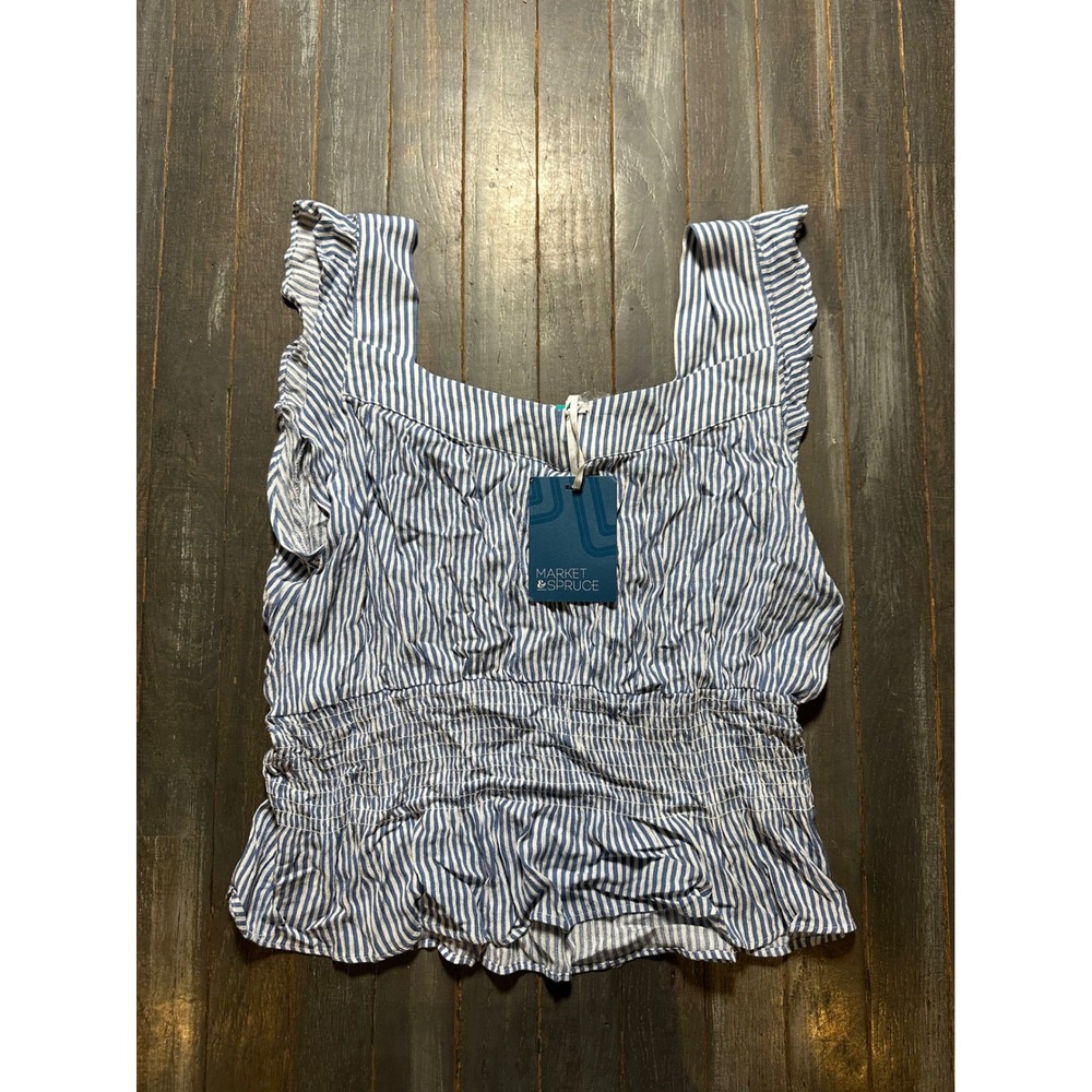 Market & Spruce Blue White Striped Smocked Peplum Top Ruffle Strap